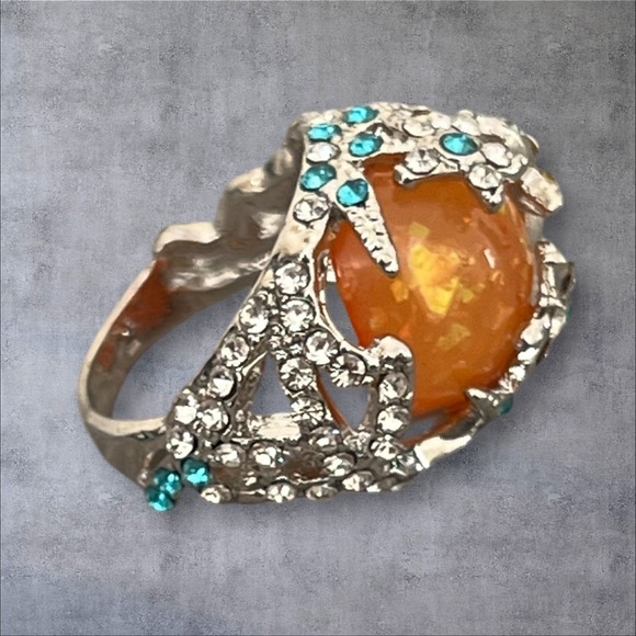 Stainless steel paved clear CZ dome ring size 6, large round orange faux opal - Picture 4 of 6